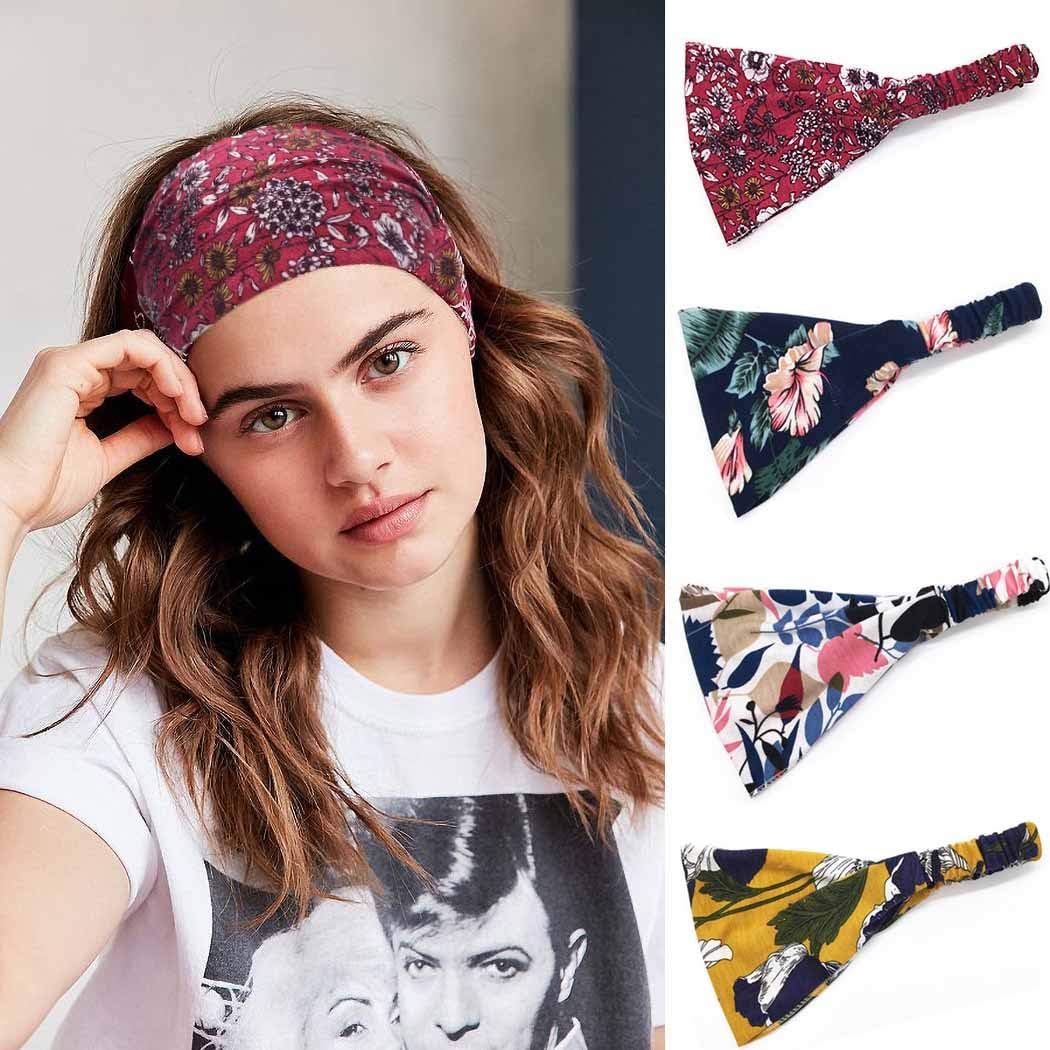 IYOU Boho Headband Flower Hair Bands Sport Elastic Head Wraps Stretchy Fitness Polyester Head Wear for Women and Girls(pack of 4)