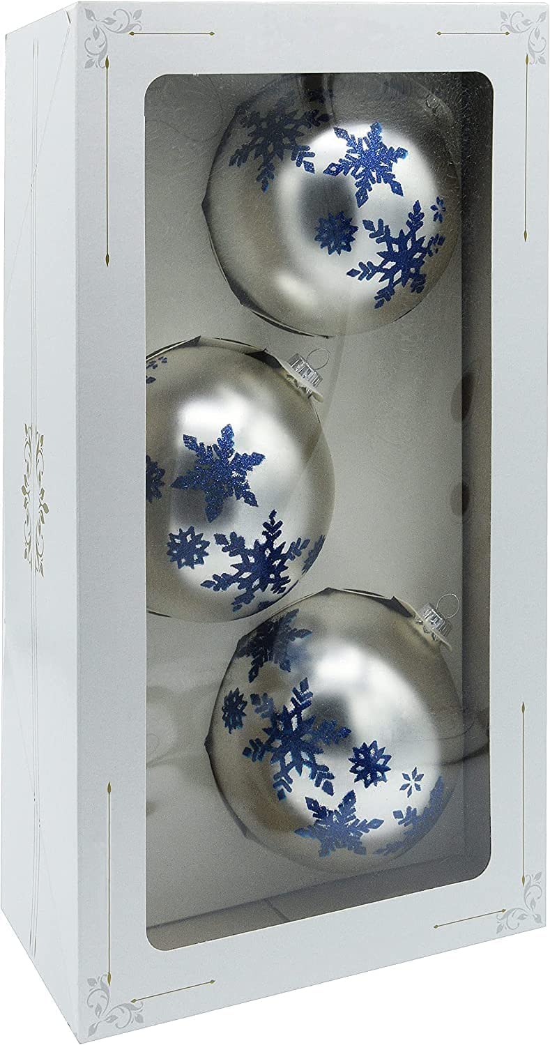 Vitbis Glass Christmas Ornaments Set of 3 Unique Baubles Hand-Decorated Hand-Painted Diameter 10 cm in Silver with Winter Snowflakes Decoration