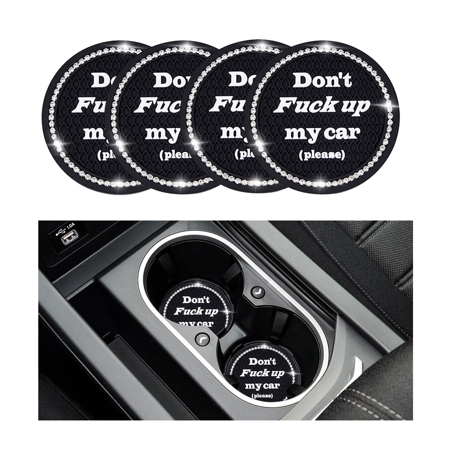 Photo 1 of Sylvil 4 PCS Bling Car Cup Coaster, 2.75 Inch Anti-Slip Cup Holder Insert Coasters, Universal Crystal Rhinestone Auto Drink Car Cup Mat, Interior Car Accessories for Women Girls (Black)
