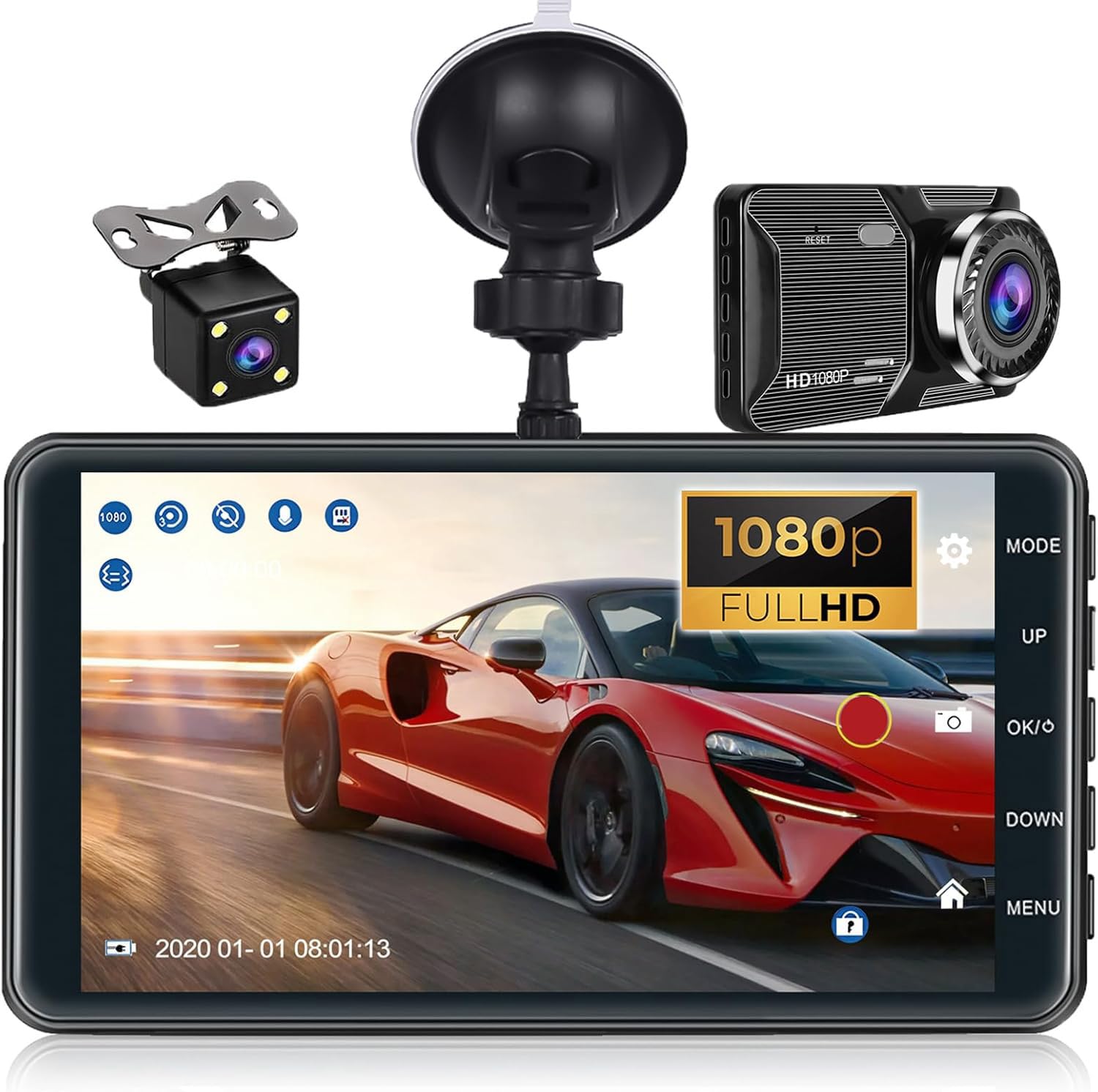 CAMECHO Dash Cam Front and Rear Camera FHD 1080P 4 Inch Touch Screen Dual Camera Dash Cams DVR Car Driving Recorder 150°Wide Angle Dashboard Camera Night Vision Loop Recording