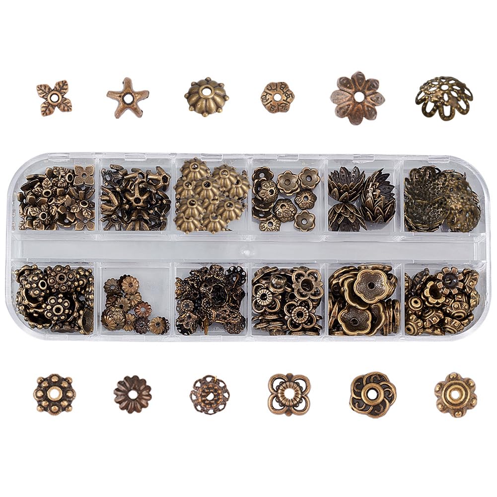 SUNNYCLUE 240Pcs 12 Styles Spacer Flower Beads Caps Antique Bronze Beads Mixed Tibetan Flower Loose Spacer beads for Women DIY jewellery making Keyring Bracelet Necklace Earring