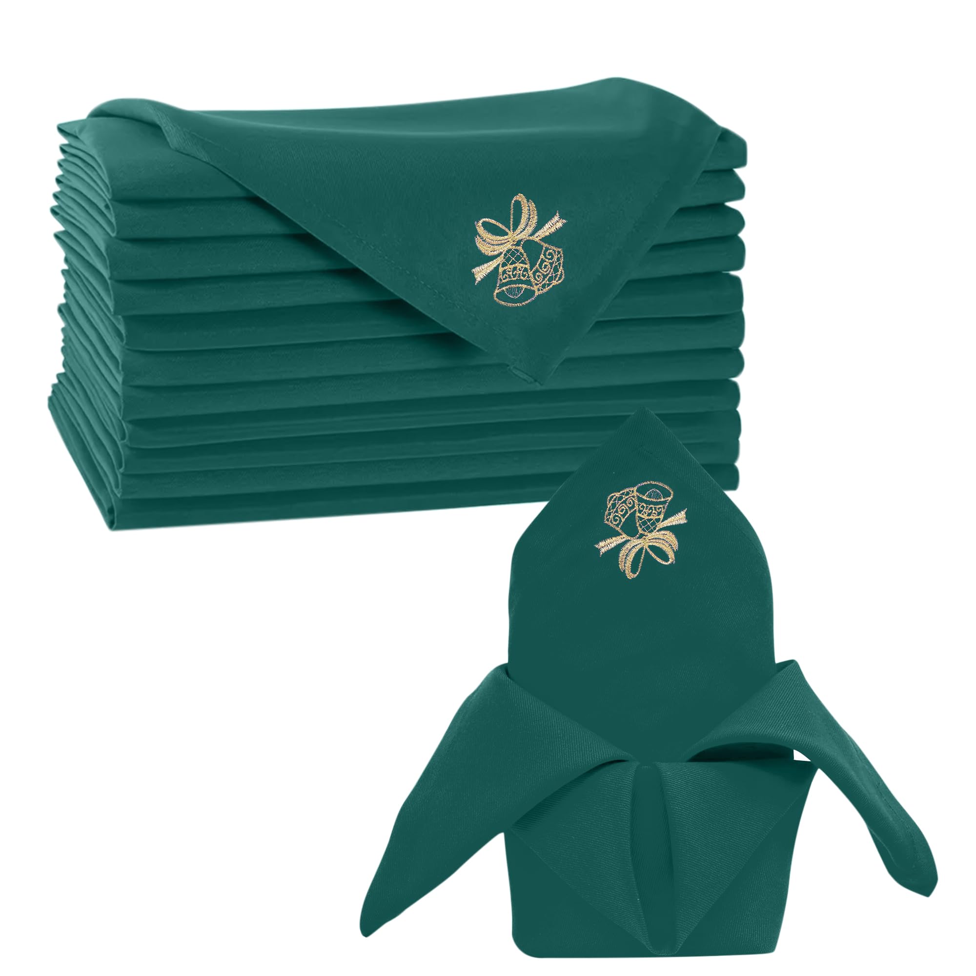 Trimming Shop Green Christmas Table Napkin Set with Festive Jingle Bell Embroidery - Spun Polyester, 20x20 Inch Stain-Resistant Reusable Table Napkin Serviette for Holiday Décor & Parties (6pcs)