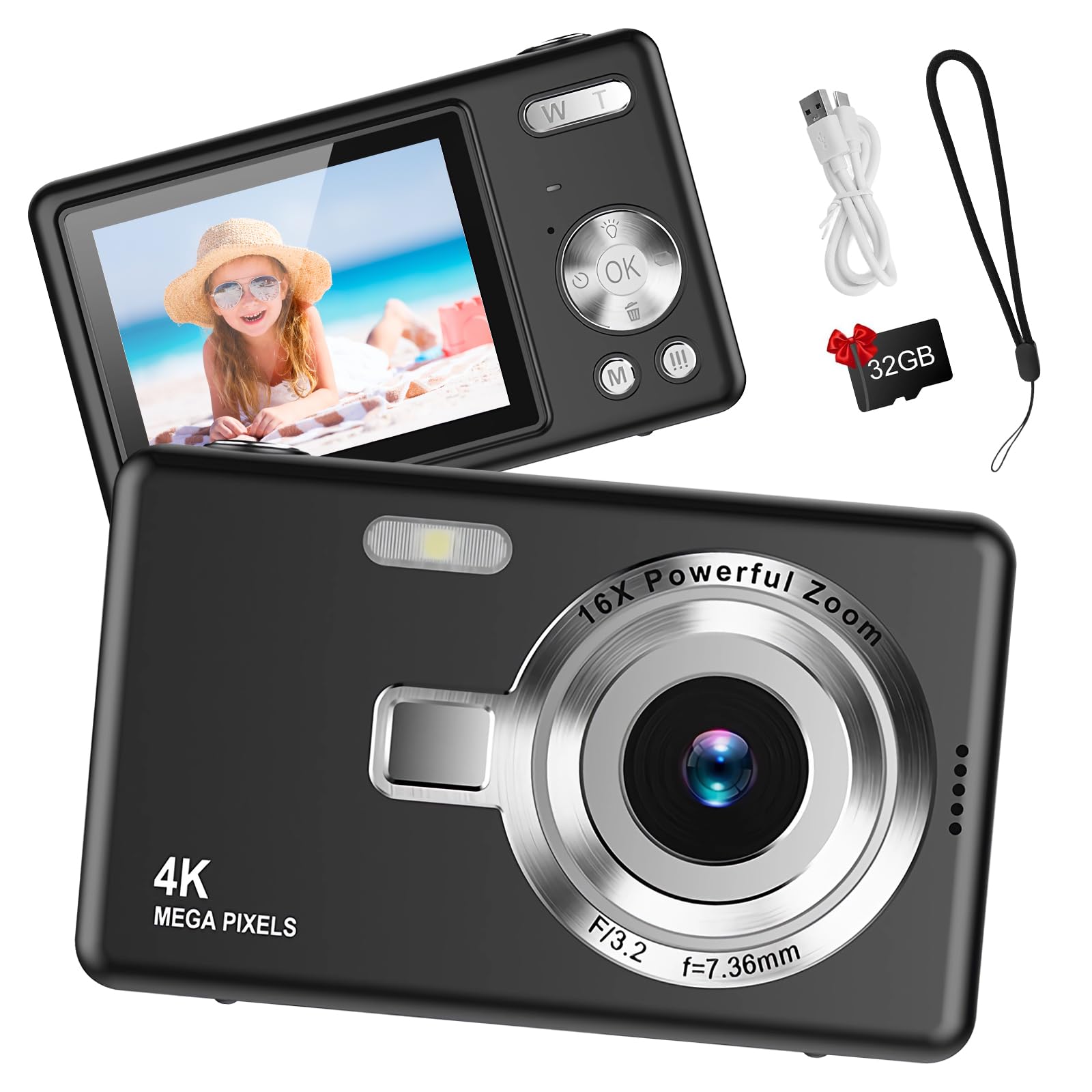 Compact Digital Camera - 44MP 1080P FHD with 2.4" LCD, 16X Zoom, Portable Vlogging Camera, 32GB SD Card (Black)