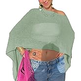 Famnbro Women Sheer Poncho Top Y2k Knit Crochet Sweater Batwing Sleeve Shrug Mesh Cover Up Beachwear Vacation Outfits
