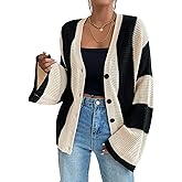 Verdusa Women's Colorblock Lightweight Cardigan Sweaters Button Down Bell Sleeve Knit Outerwear Spring Fall Clothes