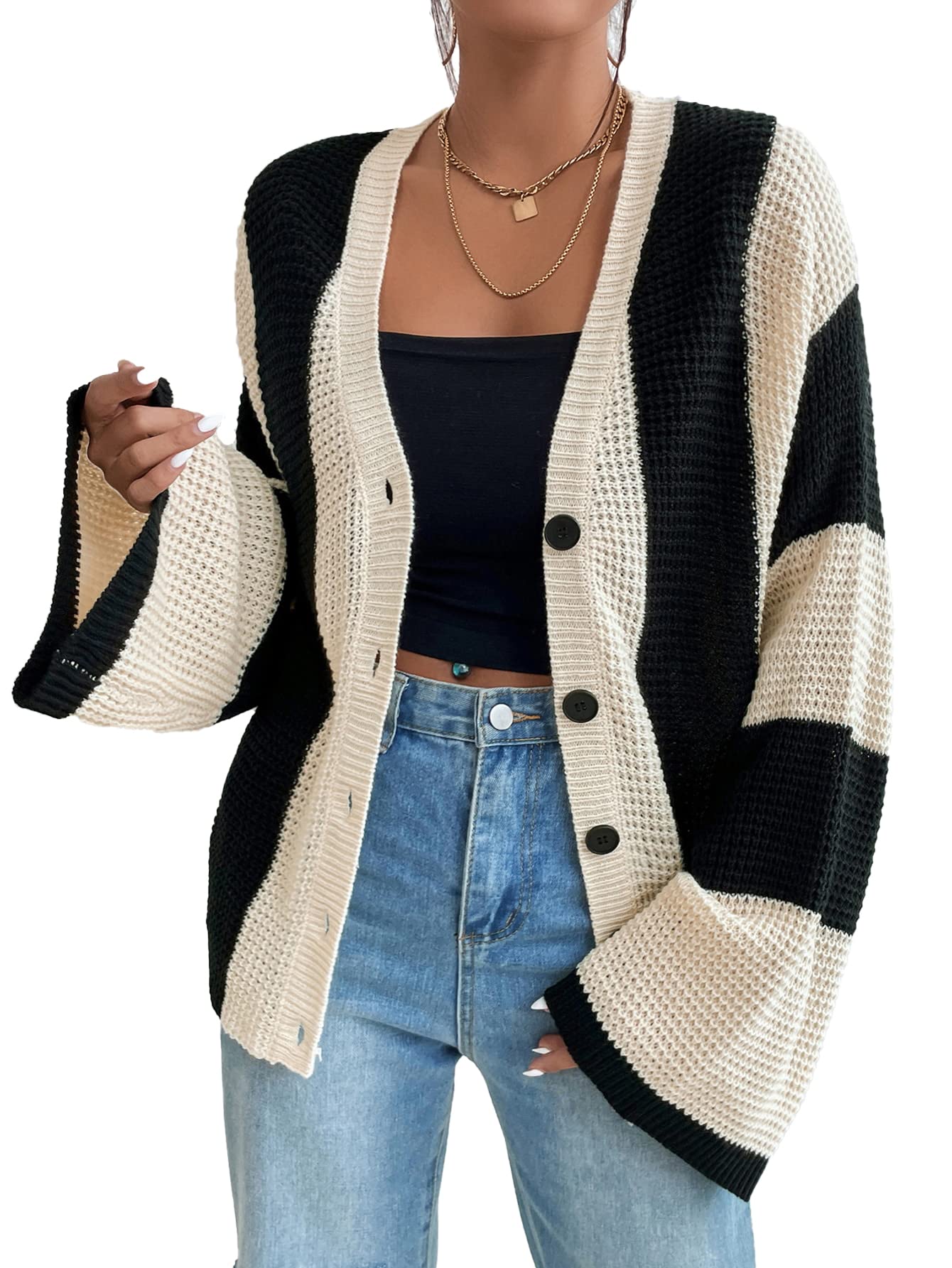 Photo 1 of Verdusa Women's Colorblock Lightweight Cardigan Sweaters Button Down Bell Sleeve Knit Outerwear Spring Fall Clothes Black and Apricot Small