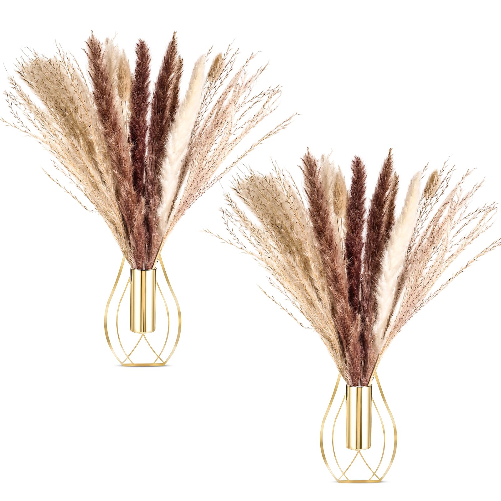 Photo 1 of Otoolling 2 Pcs Boho Wall Decor Metal Wall Art Hanging Planter with Artificial Pampas Wall-Mounted Modern Home Decor Display Artwork Plant Hanging Vase for Bedroom Living Room Kitchen Bathroom (Gold)
