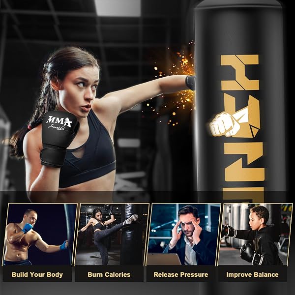 HEAVY BOXING BAG WITH STAND FOR ADULT TEENS, FREESTANDING INFLATABLE PUNCHING BAG WITH GLOVES, MEN WOMEN STAND KICKBOXING BOXING SET FOR MARTIAL ARTS MMA HOME GYM EXERCISE TRAINING EQUIPMENT