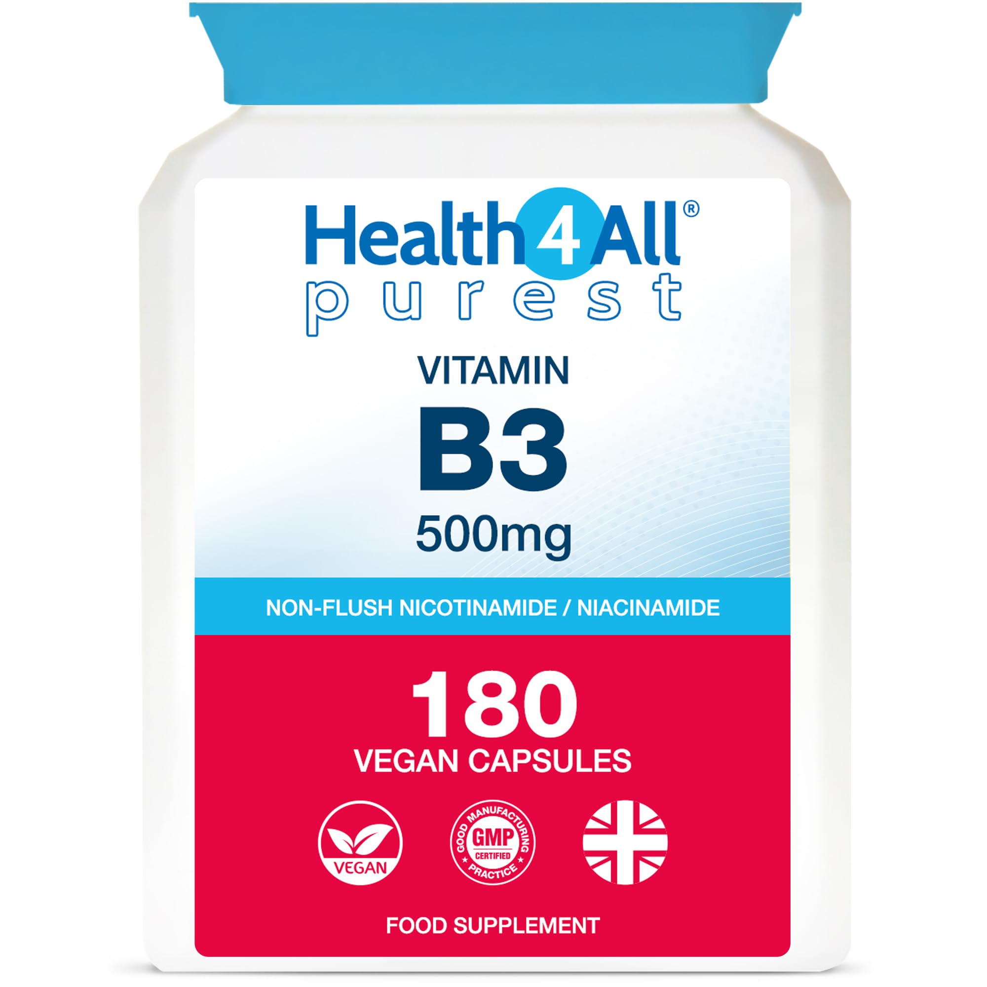 Health4All Vitamin B3 Niacin as Nicotinamide (Niacinamide) 500mg 180 Capsules, Purest, No Additives, Vegan, Gluten Free No-Flush Niacin VitB3 Capsules | Made in UK