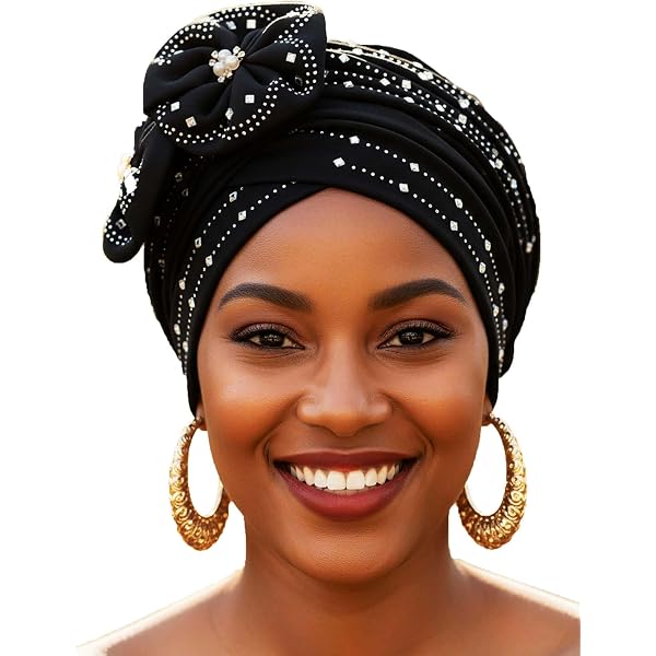 Woeoe African Rhinestone Turban Cap Black Pre Tied Headscarf  display picture 2