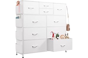 WLIVE White Dresser for Bedroom with 10 Drawers, Chest of Drawers with Side Pockets and Hooks, PU Storage Dresser, Sturdy Metal Frame, Drawers Organizer Unit for Living Room, Hallway, Closet