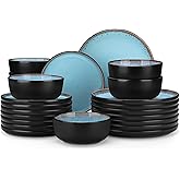 vancasso Plates and Bowls Sets, 24 Pieces Stoneware Dinnerware Sets for 8, Kitchen Dish Set Mircowave and Dishwasher Safe Dinner Set Ceramic Dishware, Sky Blue, Series AMBER