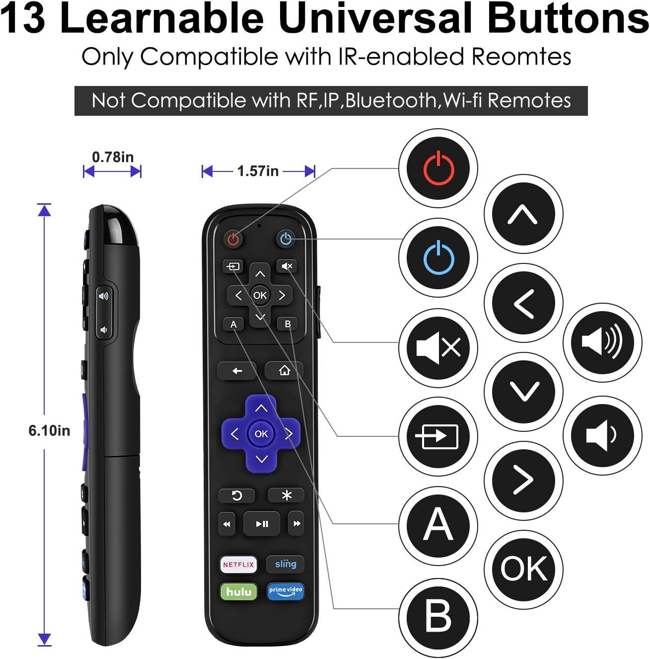 Universal IR Remote Replacement for Roku Streaming Player with 13 Extra Learning Buttons to Control TV Soundbar Receiver All in One (for Roku 1 2 3 4 Premier+ Express+ Ultra,NOT for Roku Stick): Home Audio & Theater