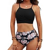 CiCiBird Women's Bikini Sets Twist Front Two Pieces High Neck Lace Up Swimsuits Bathing Suits
