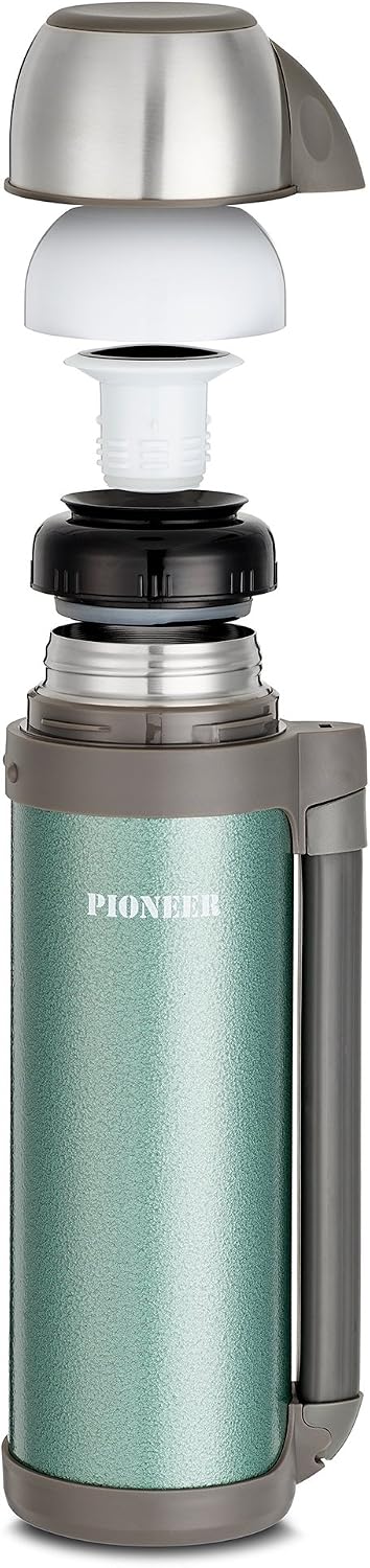 Pioneer Stainless Steel Vacuum Flask Thermal Mug with Secure Grip Extendable Handle, 1 Litre 33.81 fl oz - Green - Image 3