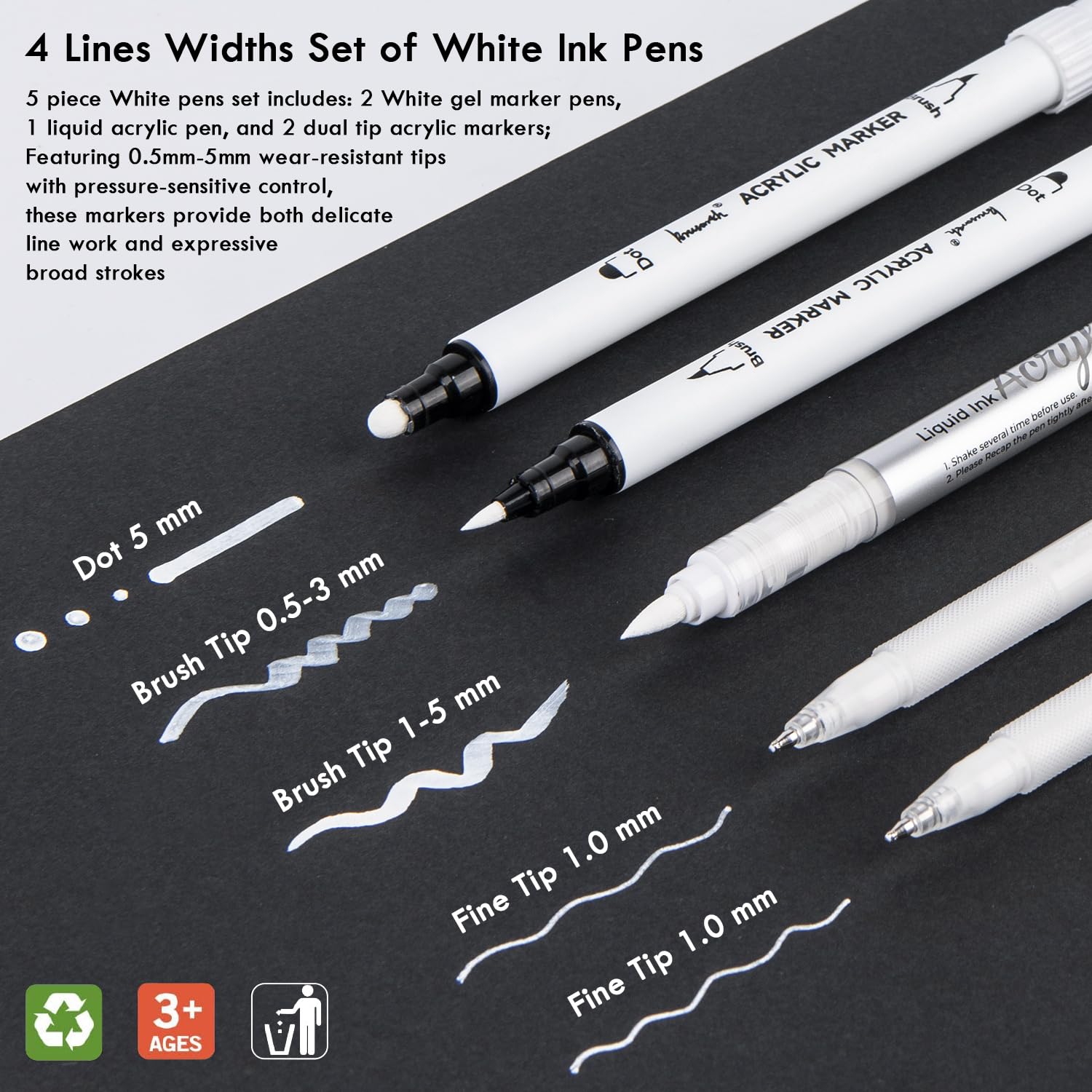 Brusarth White Pens Set, 5 Pack, 1mm White Gel Pens, Dual-Tip Acrylic Paint Pen, Brush Tip Acrylic Markers for Black Paper Drawing, Sketching, Illustration, Card Making, Bullet Journaling