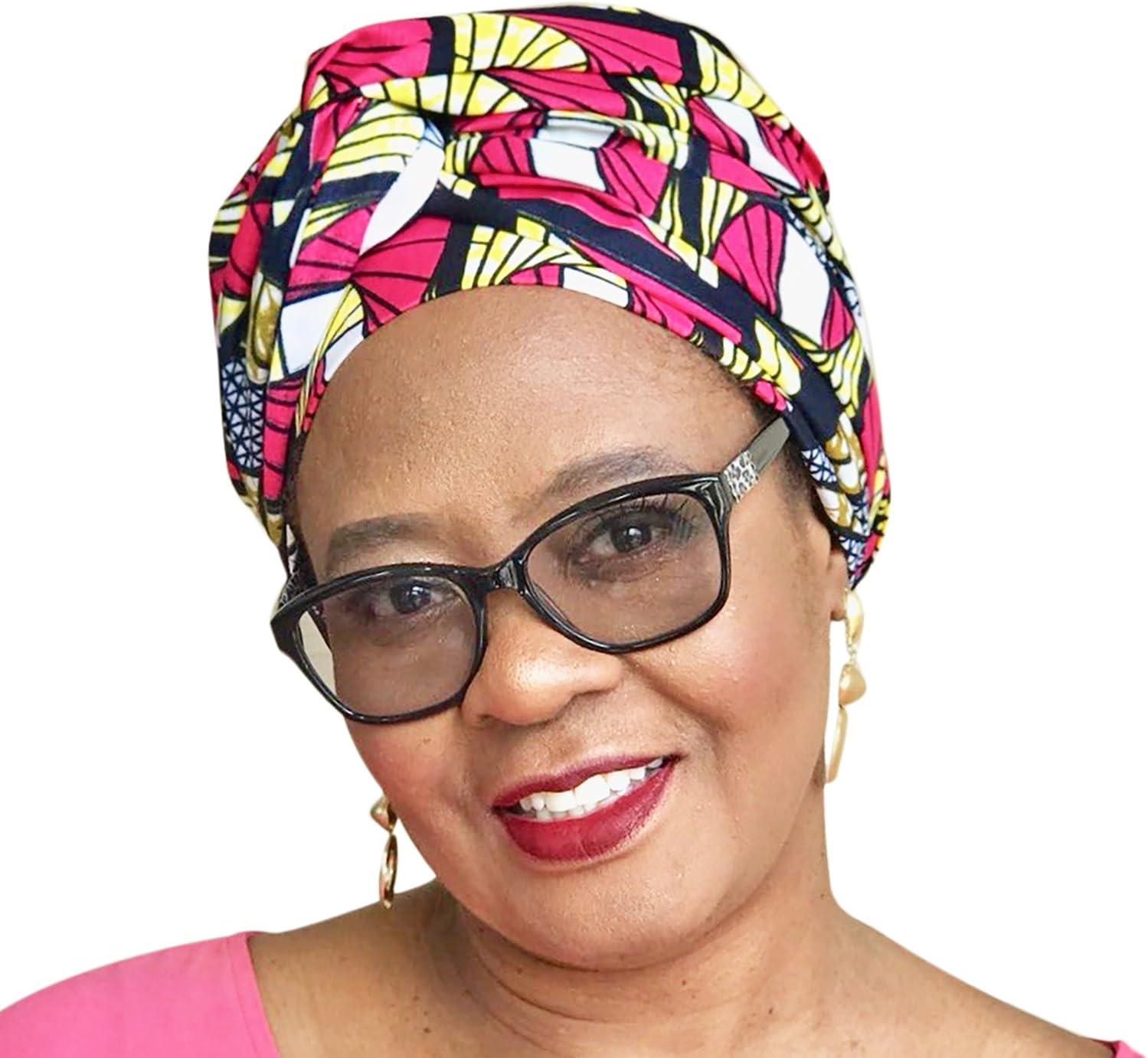 Royal Gele HeadwearAfrican Head Wrap Tribal Scarf Gele. Stylish Headgear Pink Yellow Ankara Fabric