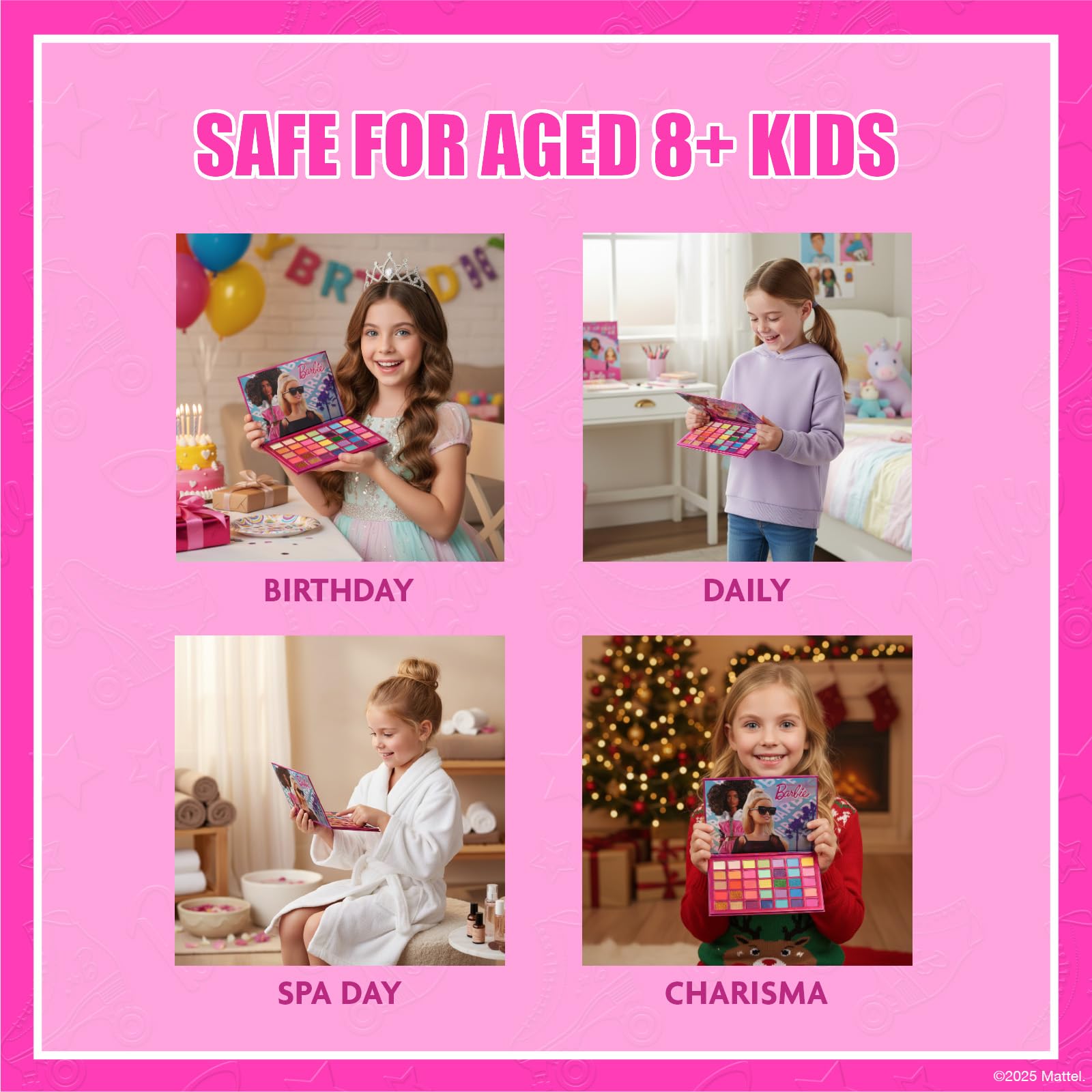 Townley Girl Barbie 35-Well Shadow Palette, Shimmery and Opaque Colors, Pigmented Blendable, 8 Application Brushes Ages 8+, Perfect for Parties, Sleepovers & Makeovers, By Townley Girl