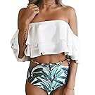 Tempt Me Women Two Piece Off Shoulder Ruffled Flounce Crop Bikini Top with Print Cut Out Bottoms White L