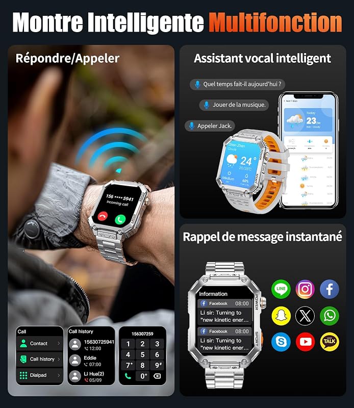 Montre Connectée Homme avec 3 Bracelets, Grand Écran HD de 2,01", Appels Bluetooth, Suivi de la Fréquence Cardiaque, Podomètre, Smartwatch Étanche IP68 Compatible Android et iOS, EF2-M — photo 3 sur 7
