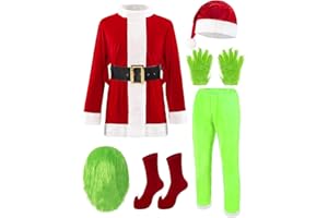 Wabolay Christmas Costume for Women Adult Green Giant Monster Santa Suit 7PCS Deluxe Furry Halloween Cosplay Outfit Set