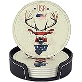 American Flag Leather Coasters Set of 6 Round Vintage Coasters with Holder for Home Office Vintage USA Deer