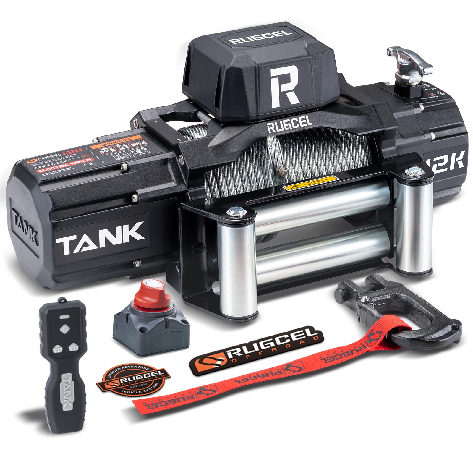 Photo 1 of ** NEW / COMPLETE HARDWARE ** RUGCEL 12000lb New Waterproof Electric Steel Rope Winch 12V with Hawse Fairlead,2 in 1 Wireless Remote Control, Wired Control,for Truck SUV,Jeep Trailer Winch
