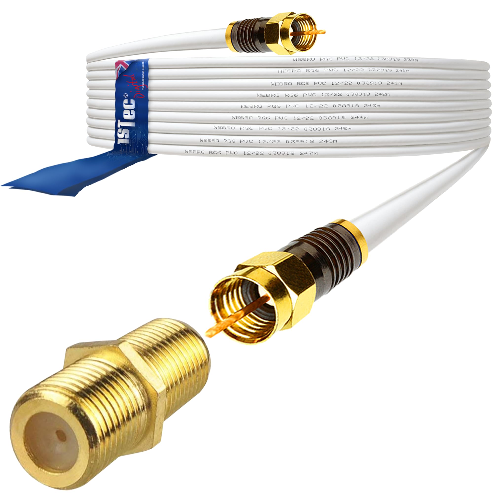1STec 3m Long White Gold Plated Male to Male Virgin Media Extension Cable with Female Joining Coupler for V6 TIVO Set Top Box or VIVID Fibre Super Hub Broadband Modems (3 Metre)