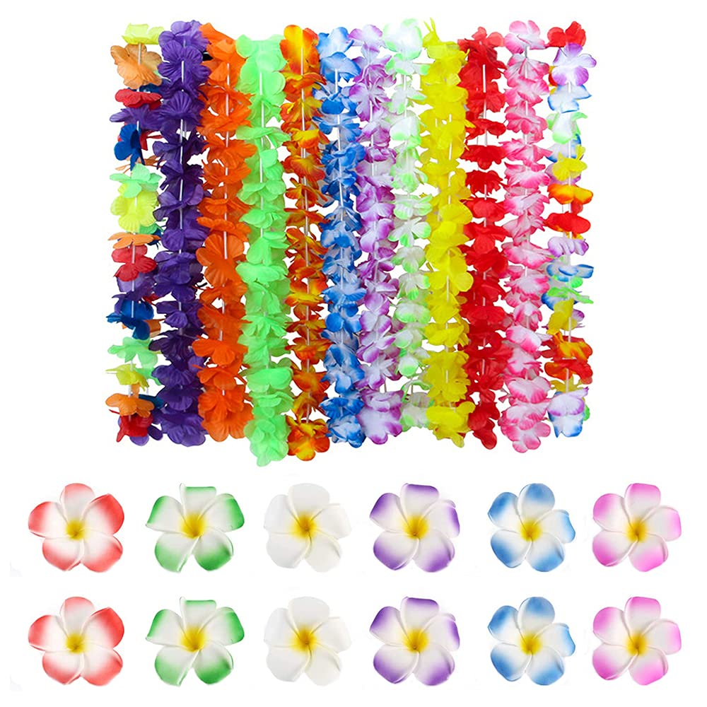 24 Pieces Hawaiian Flowers Garland, Hawaiian Luau Party Supplies, Tropical Hawaiian Luau Flower, Garland and Plumeria Hair Clip Hawaiian Necklace Bracelet for Summer Beach, Party Decorations