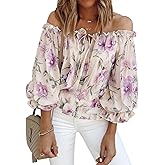 BLENCOT Summer Sexy Off Shoulder Tops for Women Boho Ruffle Sleeve Floral Chiffon Shirts Blouses