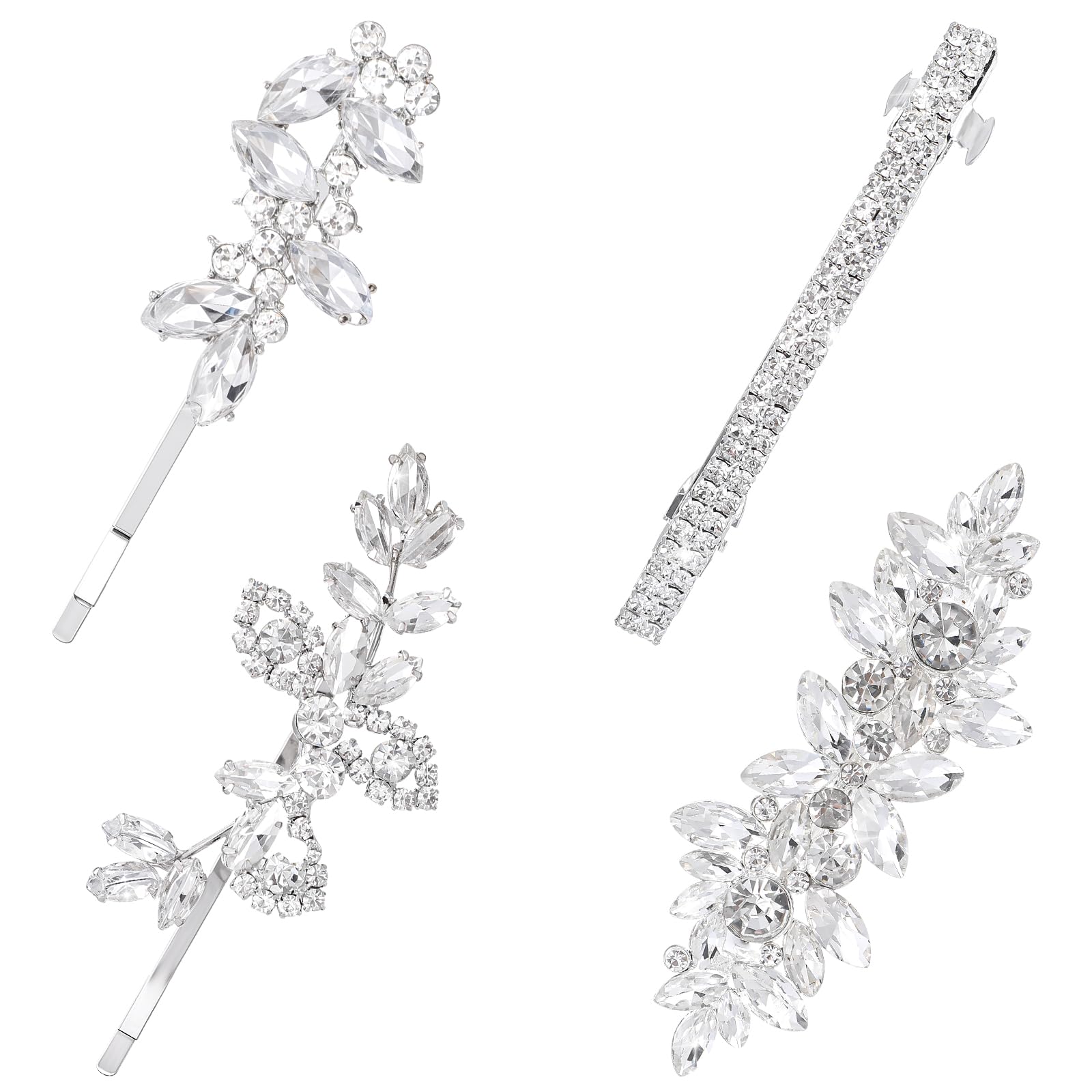 Photo 1 of 4 Pcs Rhinestone Hair Clips Wedding hair Accessories Crystal Bobby Pins Leaf Flower Silver Hairpin Elegant Barrette Pin for Brides Bridesmaids Flower Girls