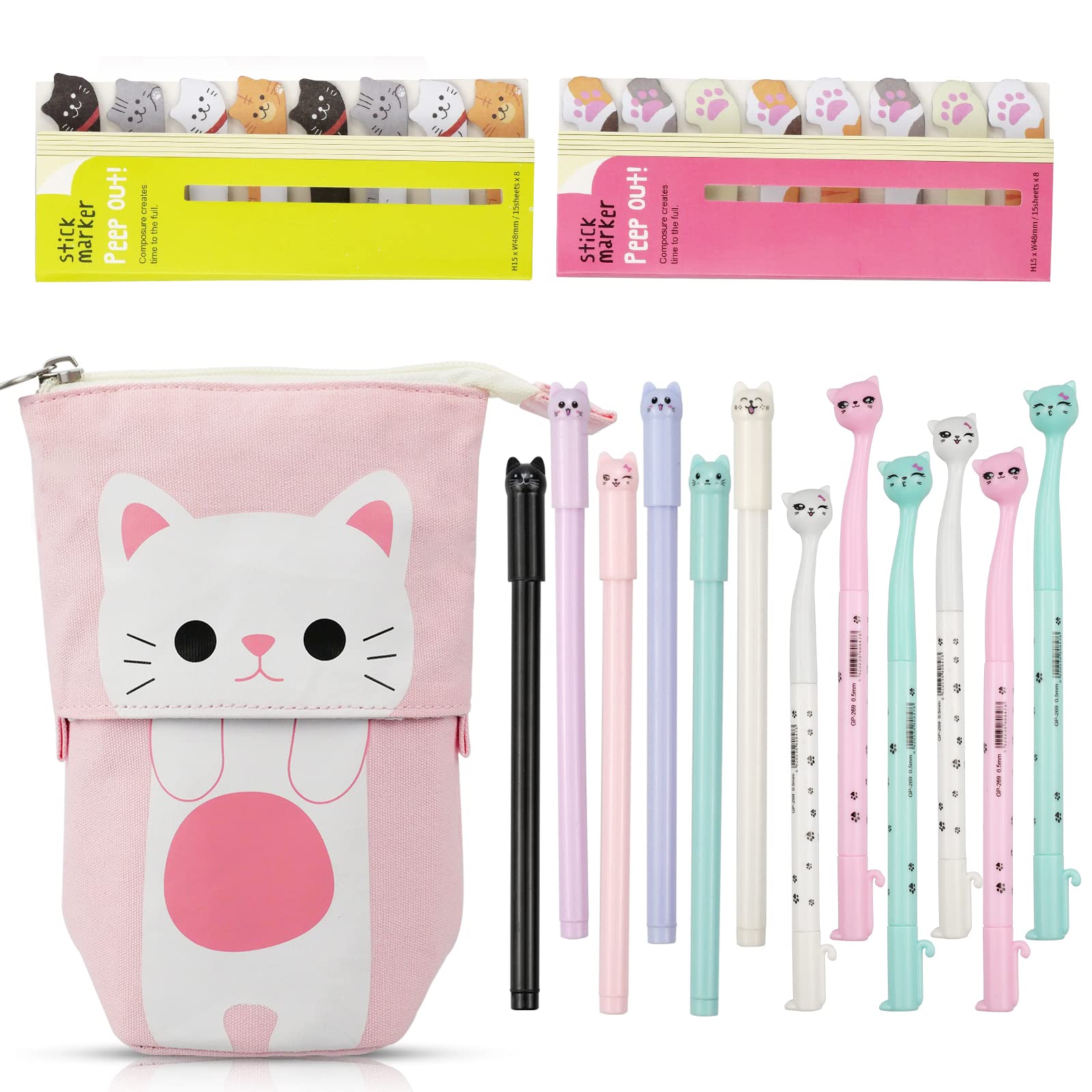 Hocadrv Cute Cat Stationery Set: Canvas Telescopic Pouch Bag, 12 Gel Ink Rollerball Pens (0.5 mm Refill), 240 Notes Page Flags Index Tabs for Students and Office Supplies