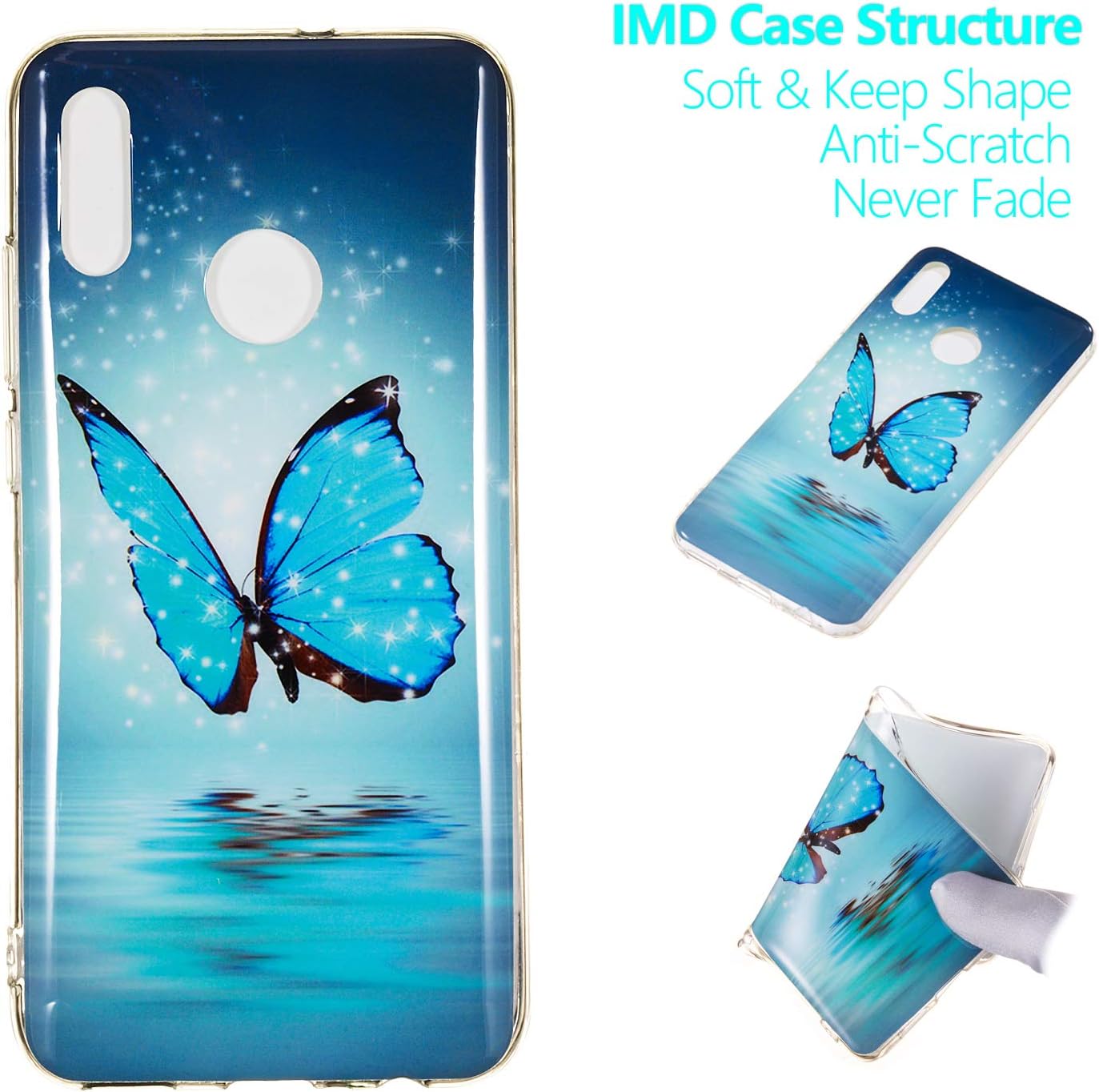 Luminous Soft Silicone Case for Huawei Honor 10 Lite,LittleLTD Fluorescent Glow in The Dark Design Ultra Slim Shockproof Rubber Back Cover Flexible Gel TPU Protective Skin Shell,Blue Butterfly
