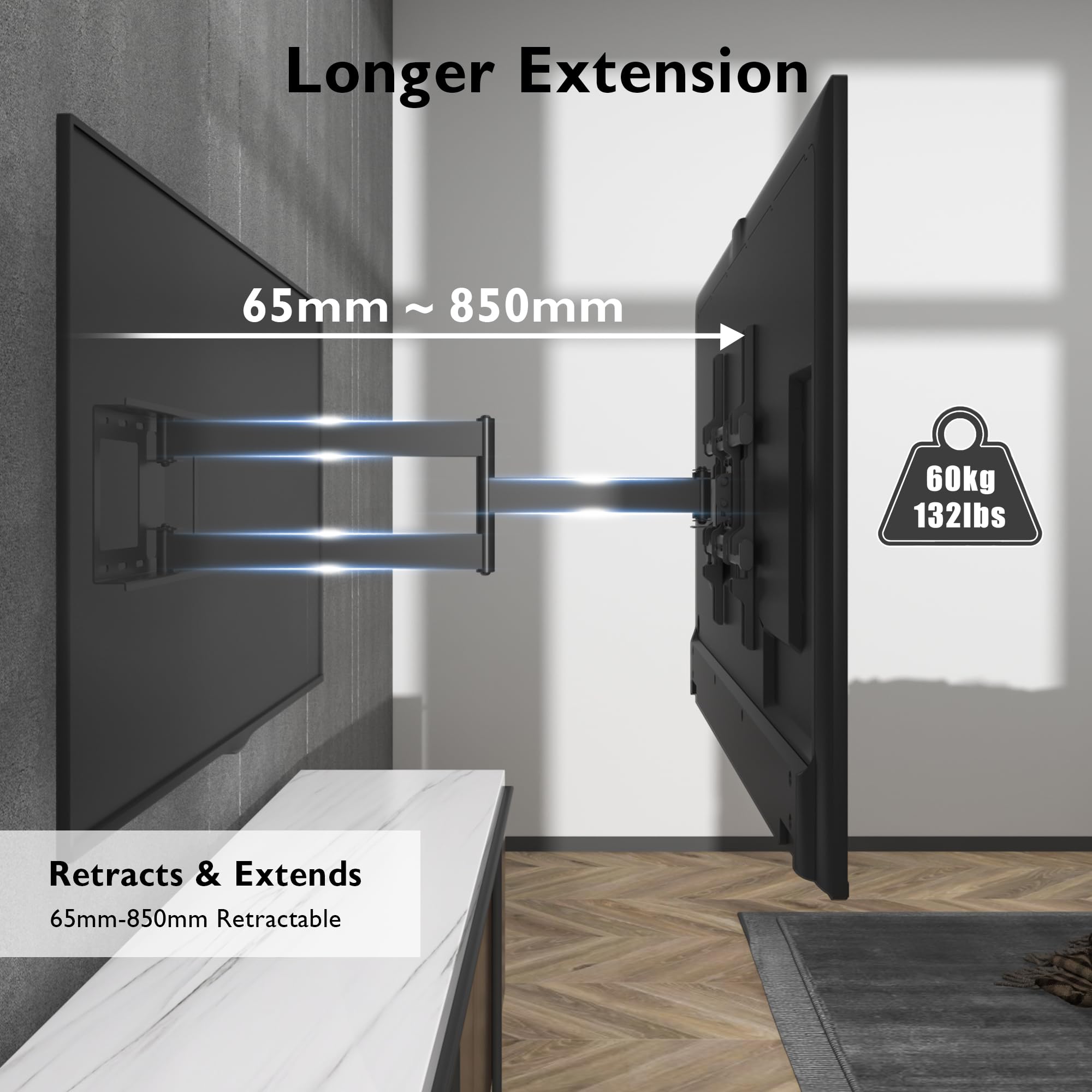 BONTEC TV Wandhalterung mit Extra Langem Gelenkarm 850mm für 32-70 Zoll LCD/LED/OLED Flachbildschirme bis 60 kg, Neigbar, Schwenk- und Drehbar, Fernseher Halterung, Max. VESA 400 x 400 mm 2