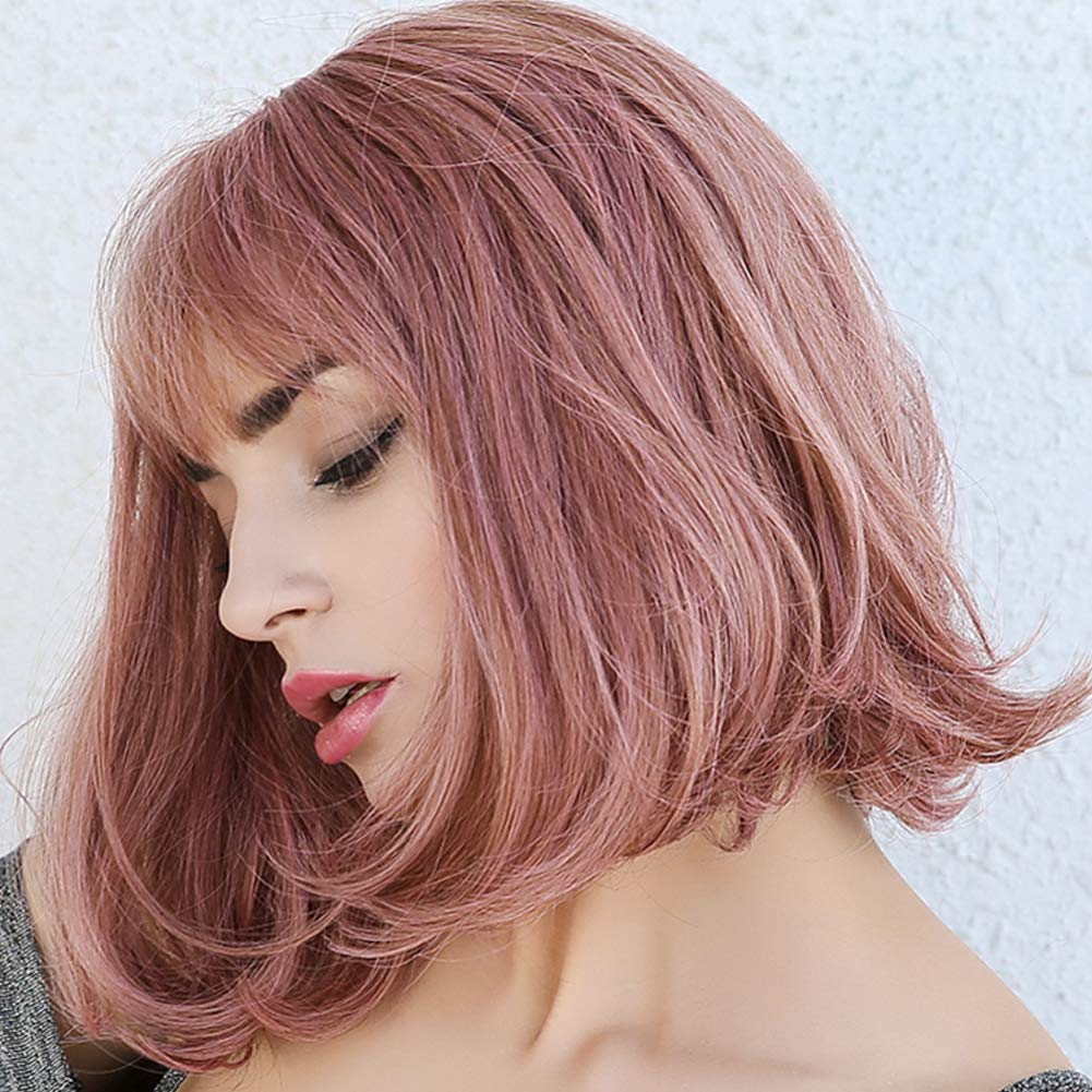 Pink Lace Front Wig Short Loose Wave with Bangs Adjustable Synthetic Heat Resistant Wigs for Women