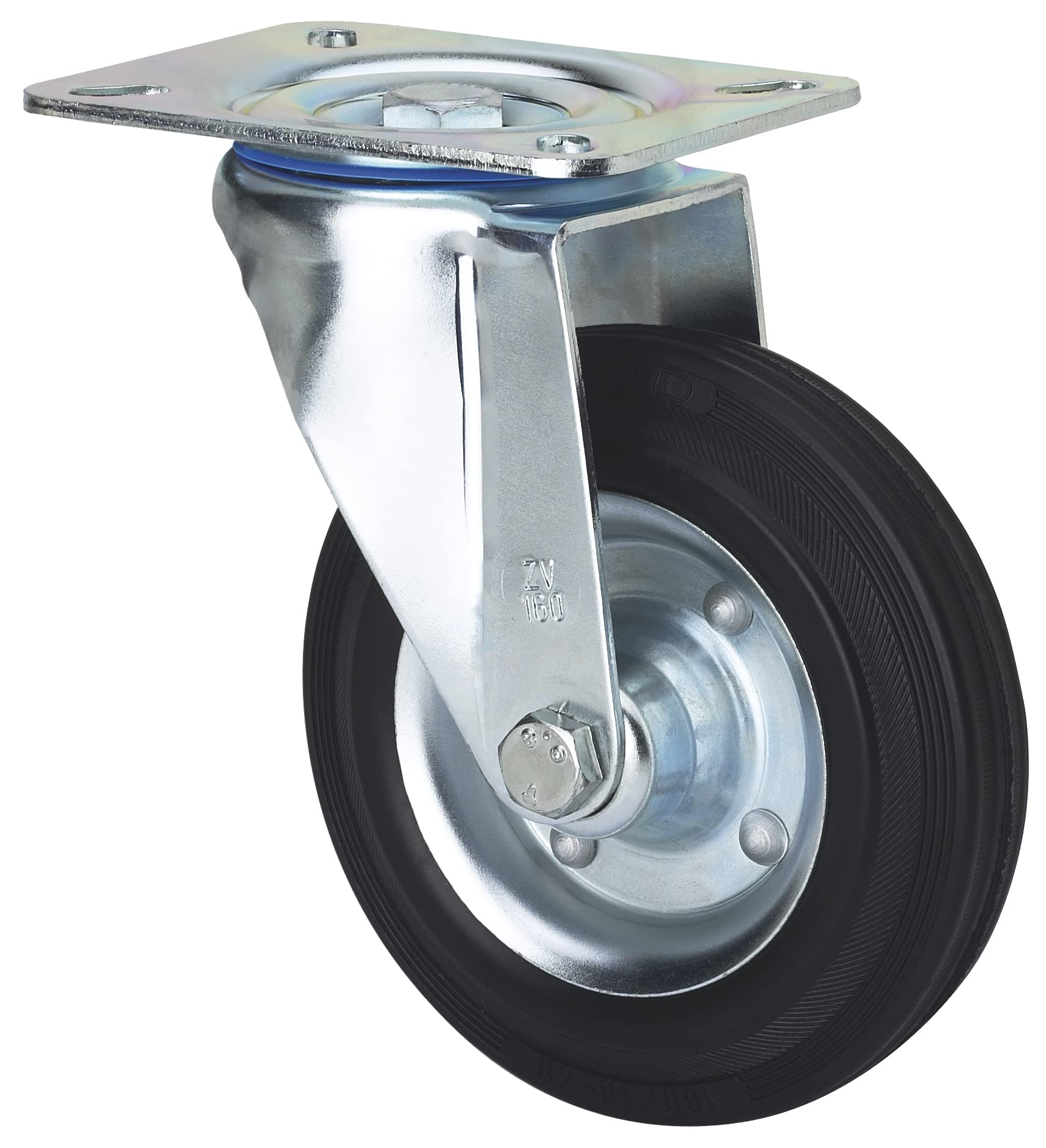 High Load Swivel Wheel, Alex Wheels, ZV BS, Plate Fixing, Black Rubber Ring, Diameter 125 mm