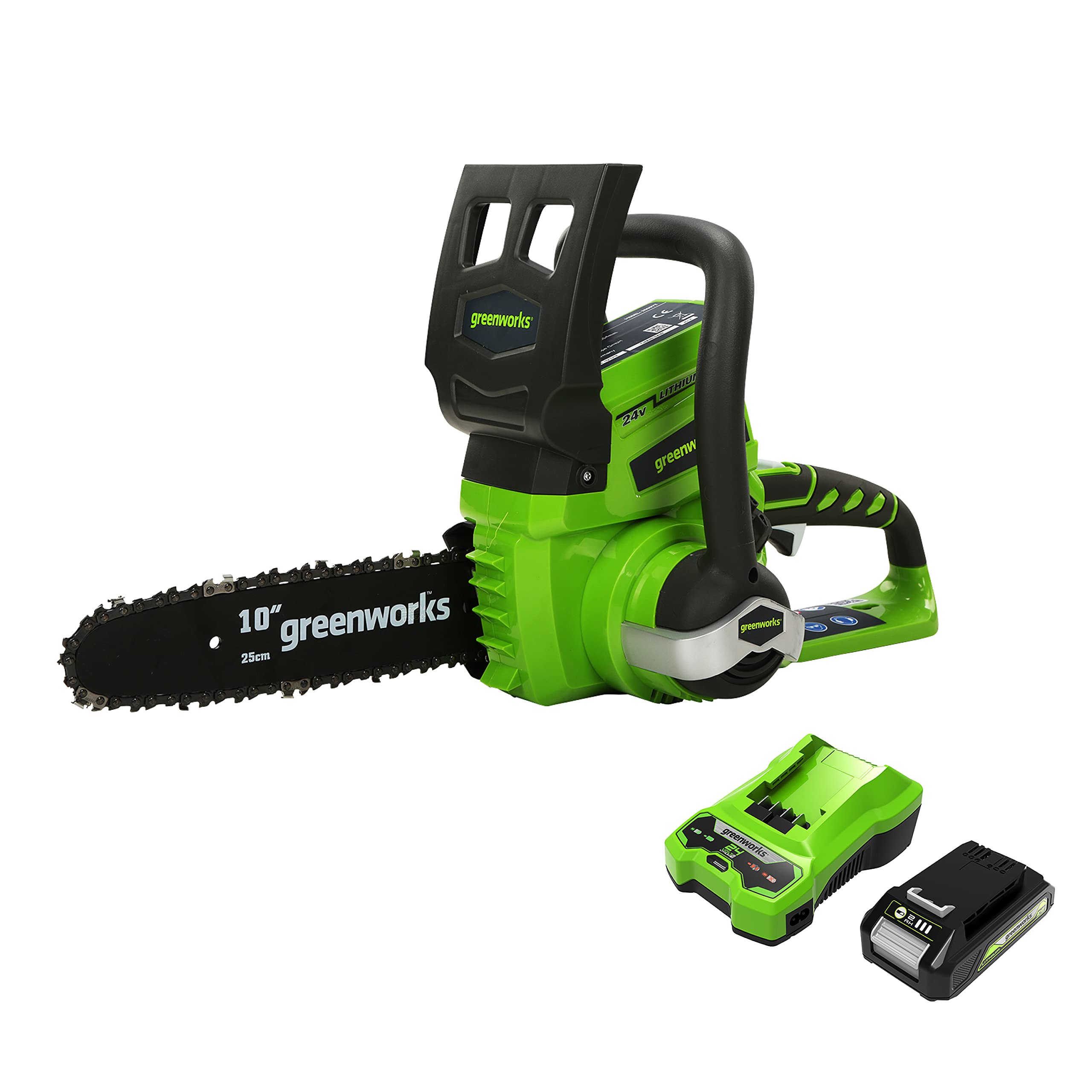 Greenworks Tools Tronçonneuse À Batterie G24Cs25K2 (Li-Ion 24 V 25 Cm Longueur De Sabre 50 Ml Volume Du Réservoir D'Huile Incluant Une Batterie De 2Ah Et Un Chargeur) 2000007Ua Vert