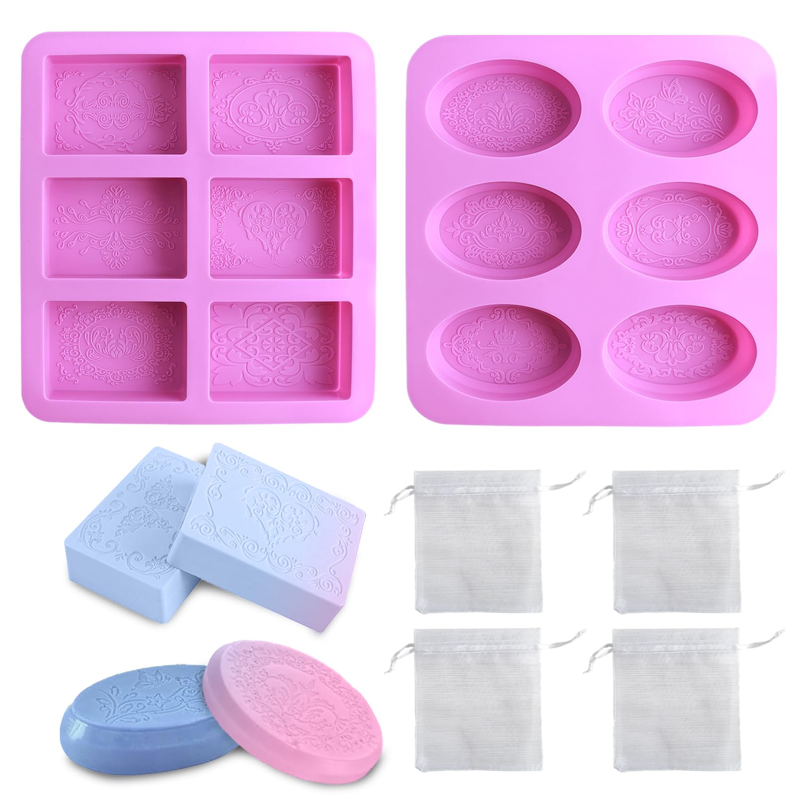 Homemade Soap Mould Set, Purple Silicone Soap Moulds, 6 Cavity Silicone Leaves Soap Handmade Mould, DIY Handmade Cube Soap Trays with 4 Yarn Bags, Oval Leaf Soap Mould for Soap Cakes Biscuits Making