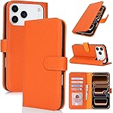 Zouzt Case for iPhone 17 Pro Max Genuine Leather Wallet Case with 4 Card Slot, RFID Blocking Card Holder Magnetic Flip Folio Shockproof Phone Cover Women Men for iPhone 17 Pro Max- Orange