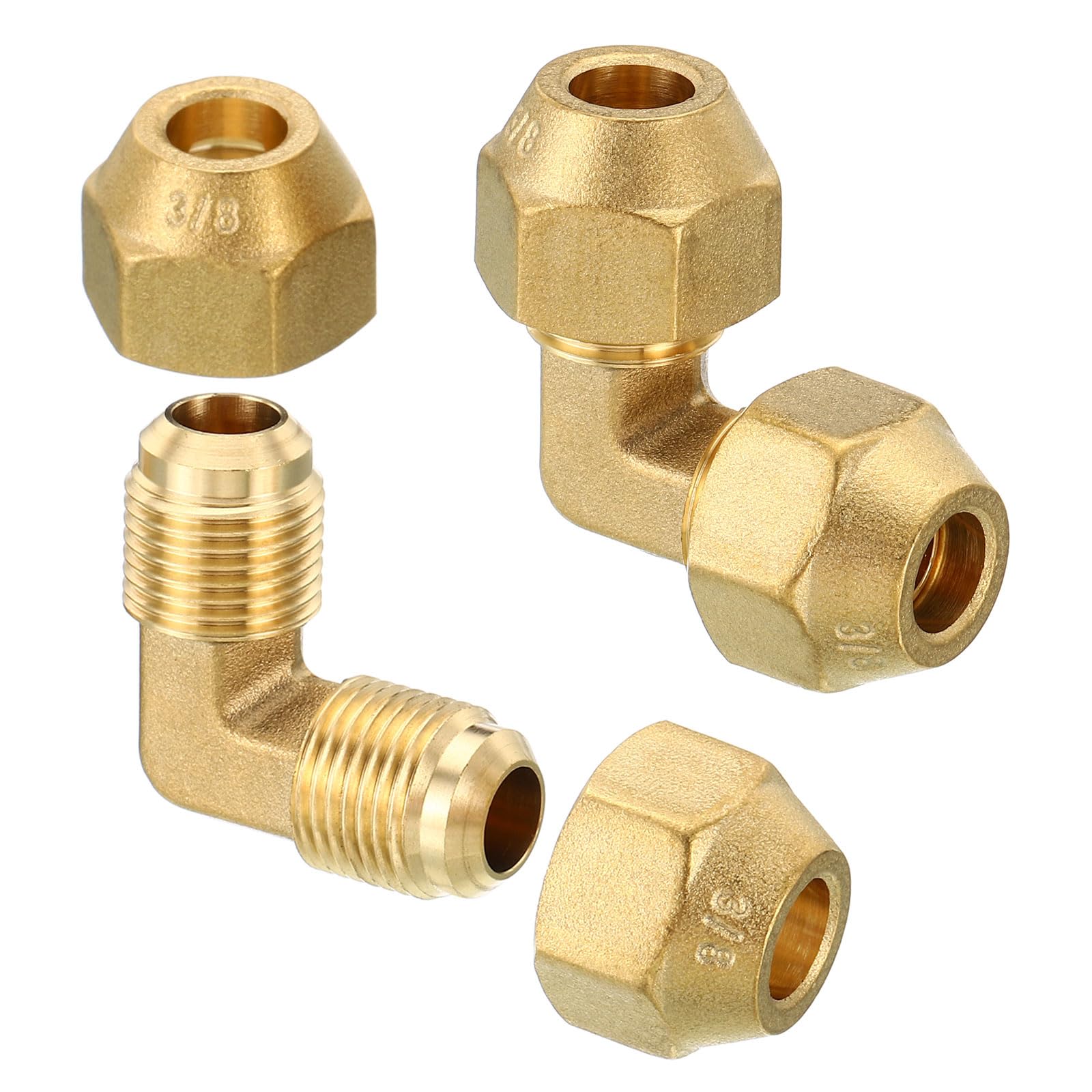 PATIKIL 3/8" x 3/8" Brass Pipe Fitting, 2 Pack Flare 90 Degree Elbow Tube Fitting Pipe Adapter Connector with Nut for Air Conditioner Refrigeration Plumbing