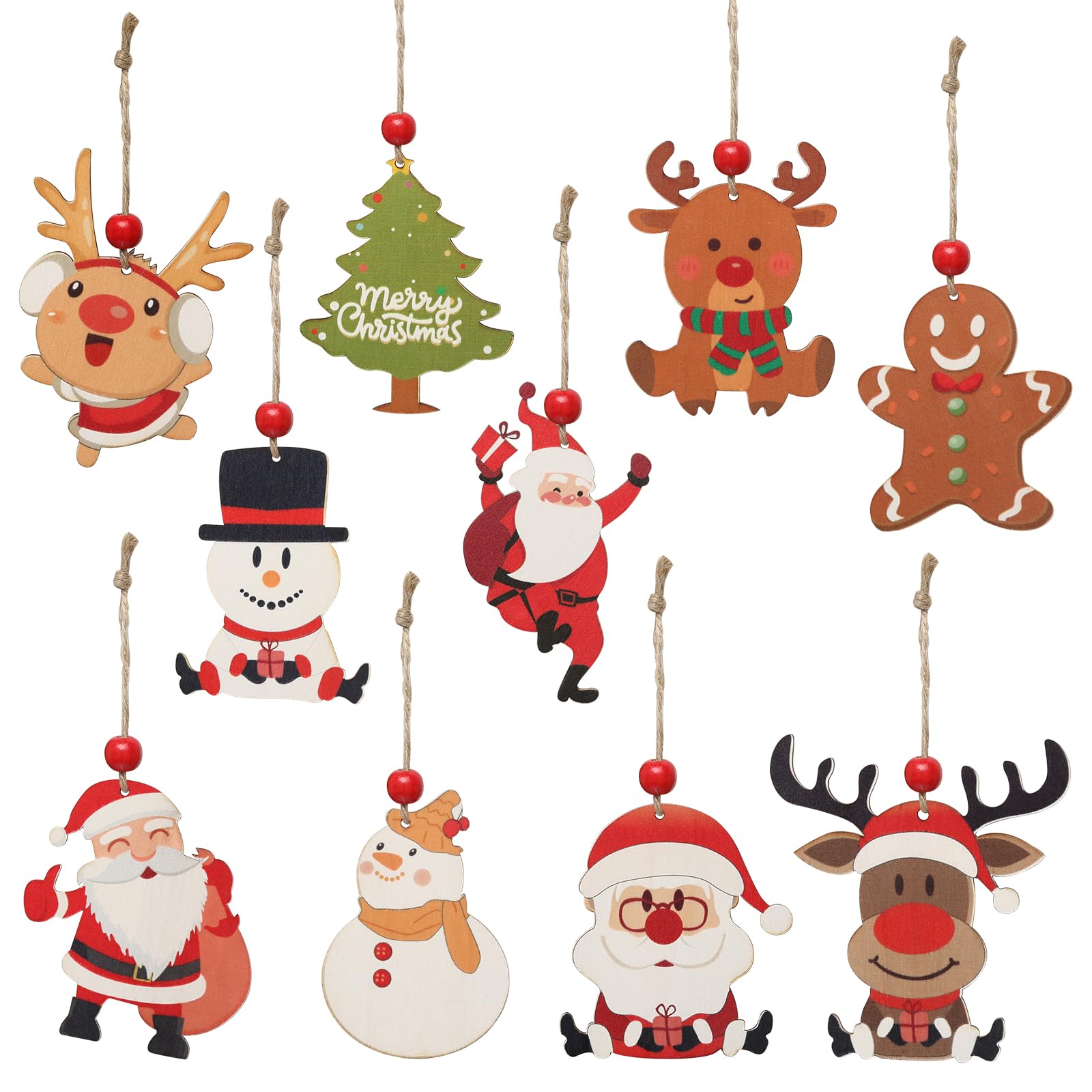 10Pcs Wooden Christmas Theme Ornaments, Flat Snowman Santa Claus Reindeer Gingerbread Man Pendants, Cute Christmas Tree Decorations Hanging Ornaments for Home, Party, Winter Decor