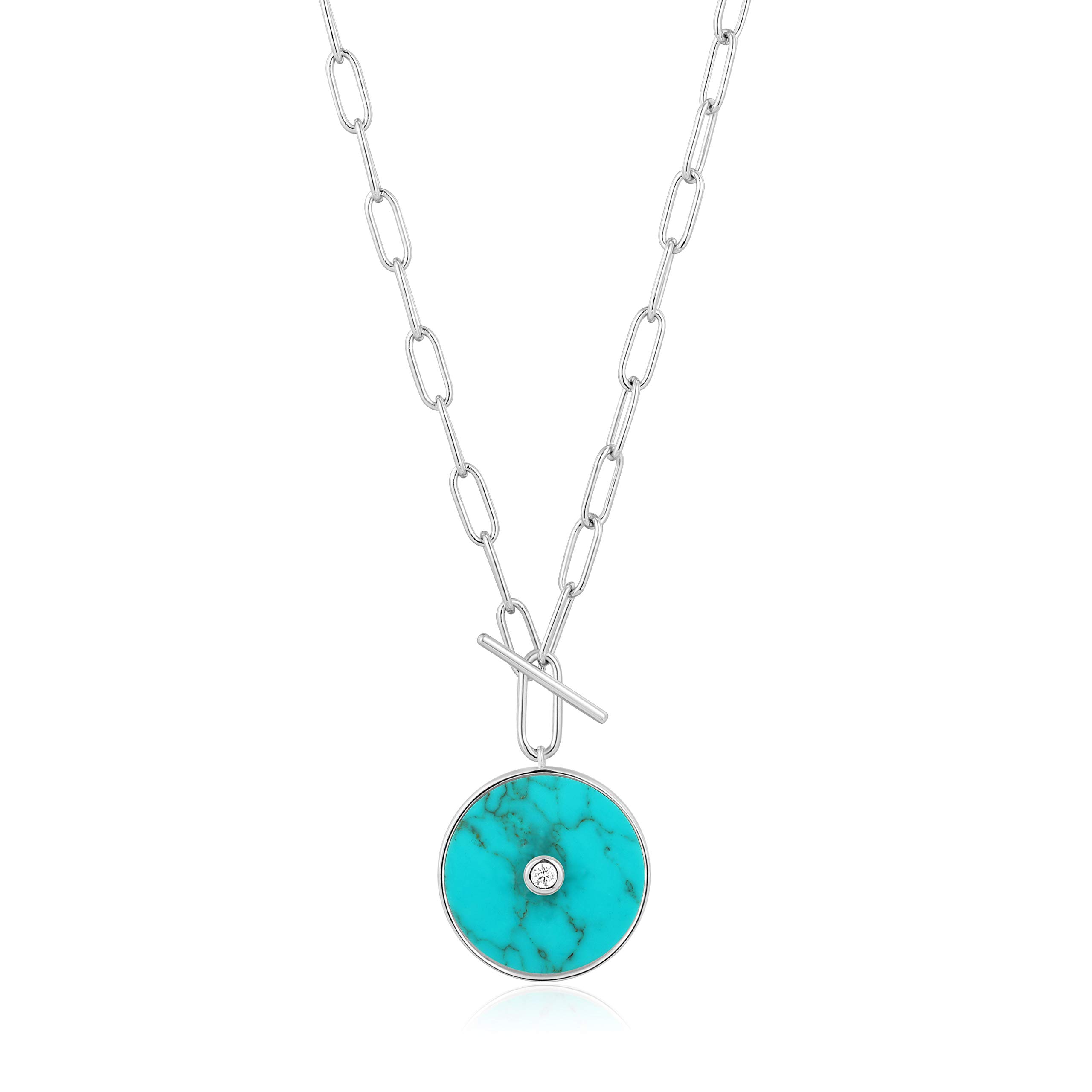 ANIA HAIE 925 Sterling Silver Modern Classic Chain T Bar Turquoise Circle Pendant Necklace for Women & Gift