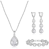 Crysdue Cubic Zirconia Teardrop Pendant Necklace Long Earrings Tennis Bracelet Set, Sparkle Classic Prom Wedding Jewelry Set for Women Brides Bridesmaid