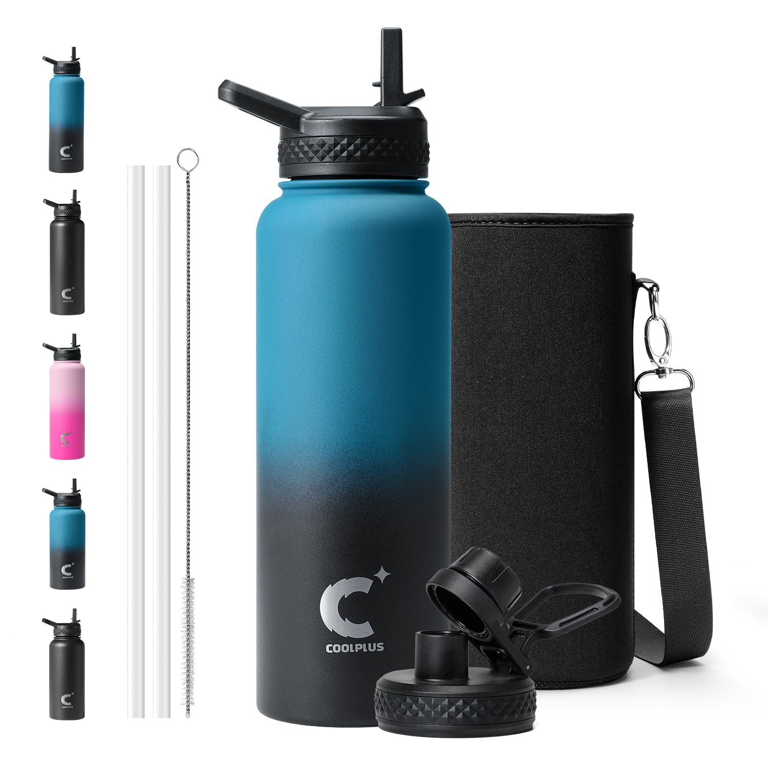 Photo 1 of 40 oz Water Bottle Insulated, Coolplus Stainless Steel Water Flask With Straw Metal Double-Walled Vacuum With Carry Sleeve Leakproof, Keep Cold 48 Hrs Hot 24hrs, Blue Black