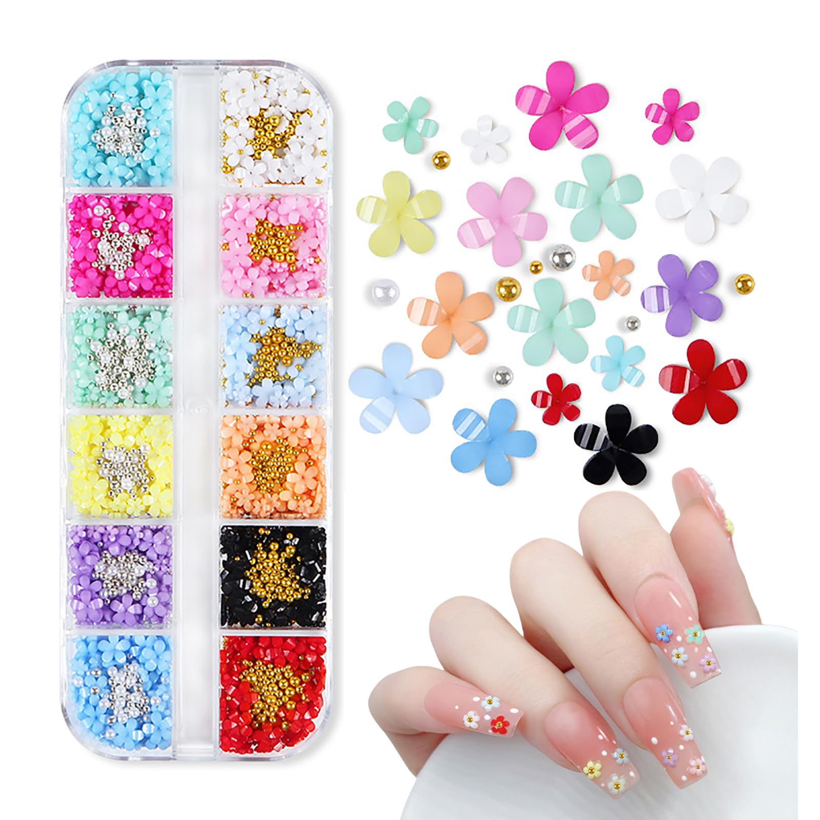 3D Flower Nail Charms- 12 Grids Acrylic Resin Blossom Nail Art Rhinestone with Pearls Gold Silver Beads Flower Gel Nails Decorations for Women Girls Manicure DIY Supplies