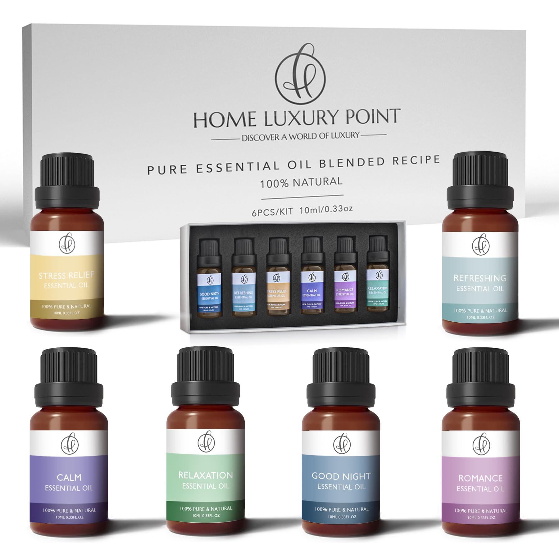Home Luxury Point - Top 22 Essential Oil Blends – Gift Set - 100% Pure Natural - Pack of 6x10ml Premium Aromatherapy Oils for Diffuser, Oil Burner and Massage-Therapeutic and Relaxing Fragrance - Calm