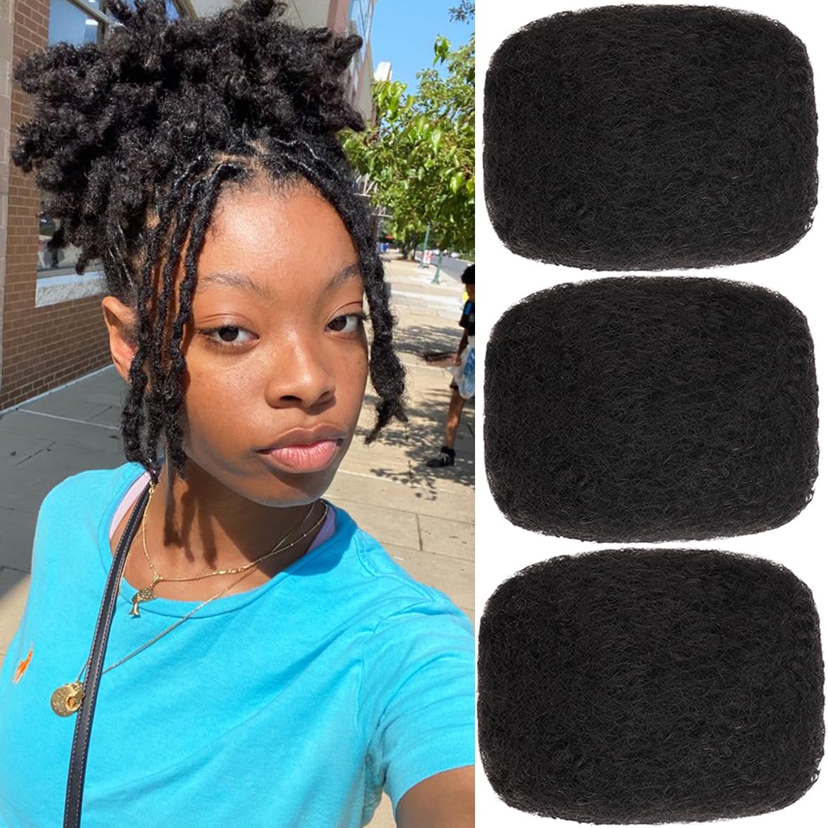 Kachanaa 8 Inch Afro Kinky Human Hair Bulk for Dreadlock Extensions 3 Packs Black Kinky Curly Braiding Hair for Twist Braiding 90g Black Human Hair Bulk for Crochet Locs Twists, 30g /Pack