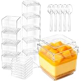 Slomg 50 Pack 3 oz Mini Plastic Dessert Cups with Lids and Spoons | Disposable Clear Pudding Parfait Jello Shooter Cups Tiramisu Containers, Square Party Serving Bowls for Fruit Ice Cream