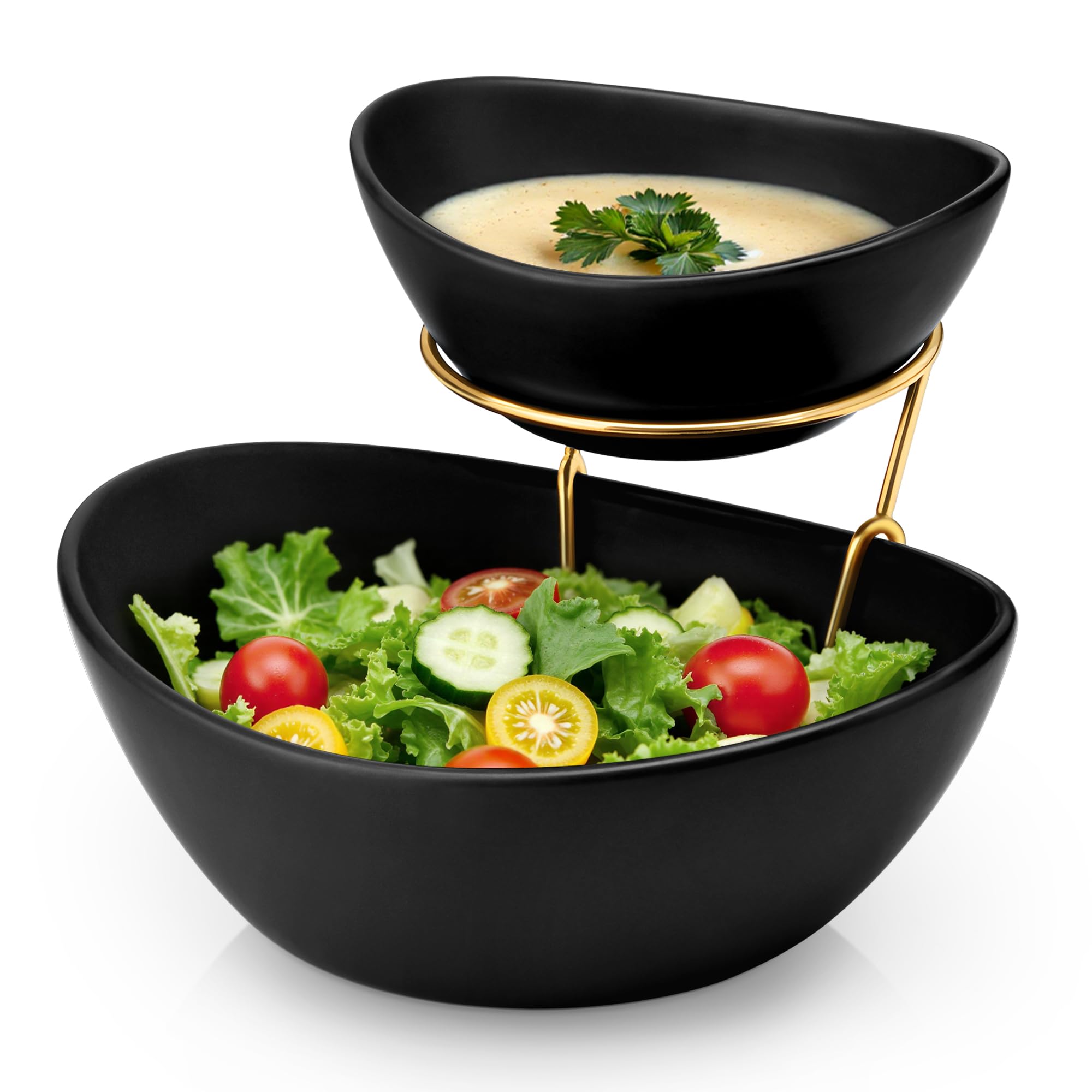 Photo 1 of MALACASA 2 Tier Chip and Dip Serving Set with Metal Stand,Ceramic Appetizer Bowls for Party, Multi-Use Food Display for Fruits, Snacks,Black Elegant Tiered Serving Dishes for Party