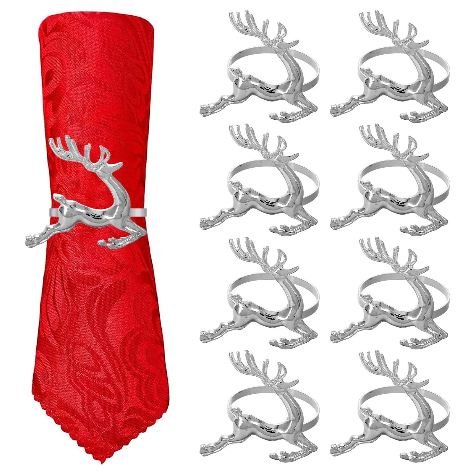 Amosfun 8pcs Christmas Napkin Rings Reindeer Napkin Holders Serviette Buckles for Xmas Holiday Party Dining Table Decoration (Silver)